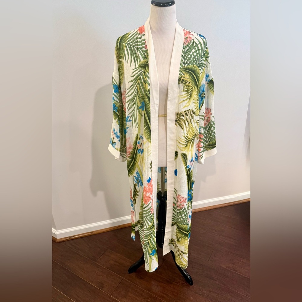 New Tropical Leaf Print Long Kimono Duster - White Base
